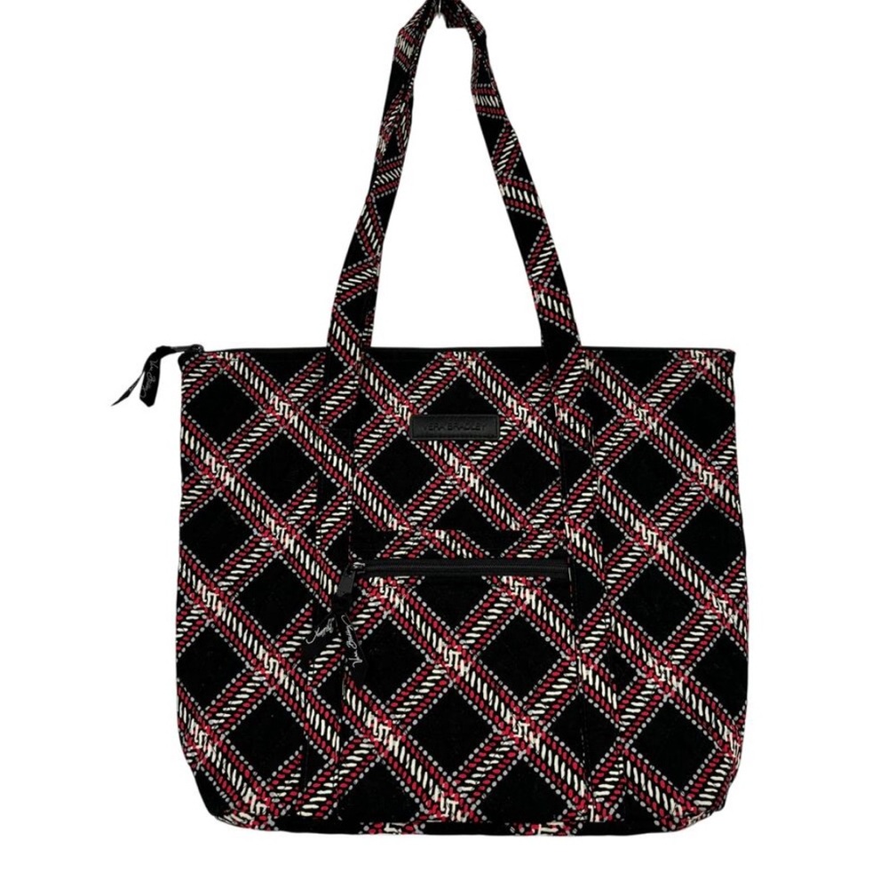 Vera Bradley Quilted Tote Handbag Minsk Plaid Black Red Zip Top Shoulder Bag